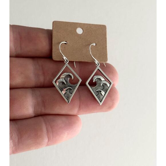 Sterling Silver Three Ocean Wave Dangle Earrings, Ocean Wave Dangle Earrings - Picture 1 of 5